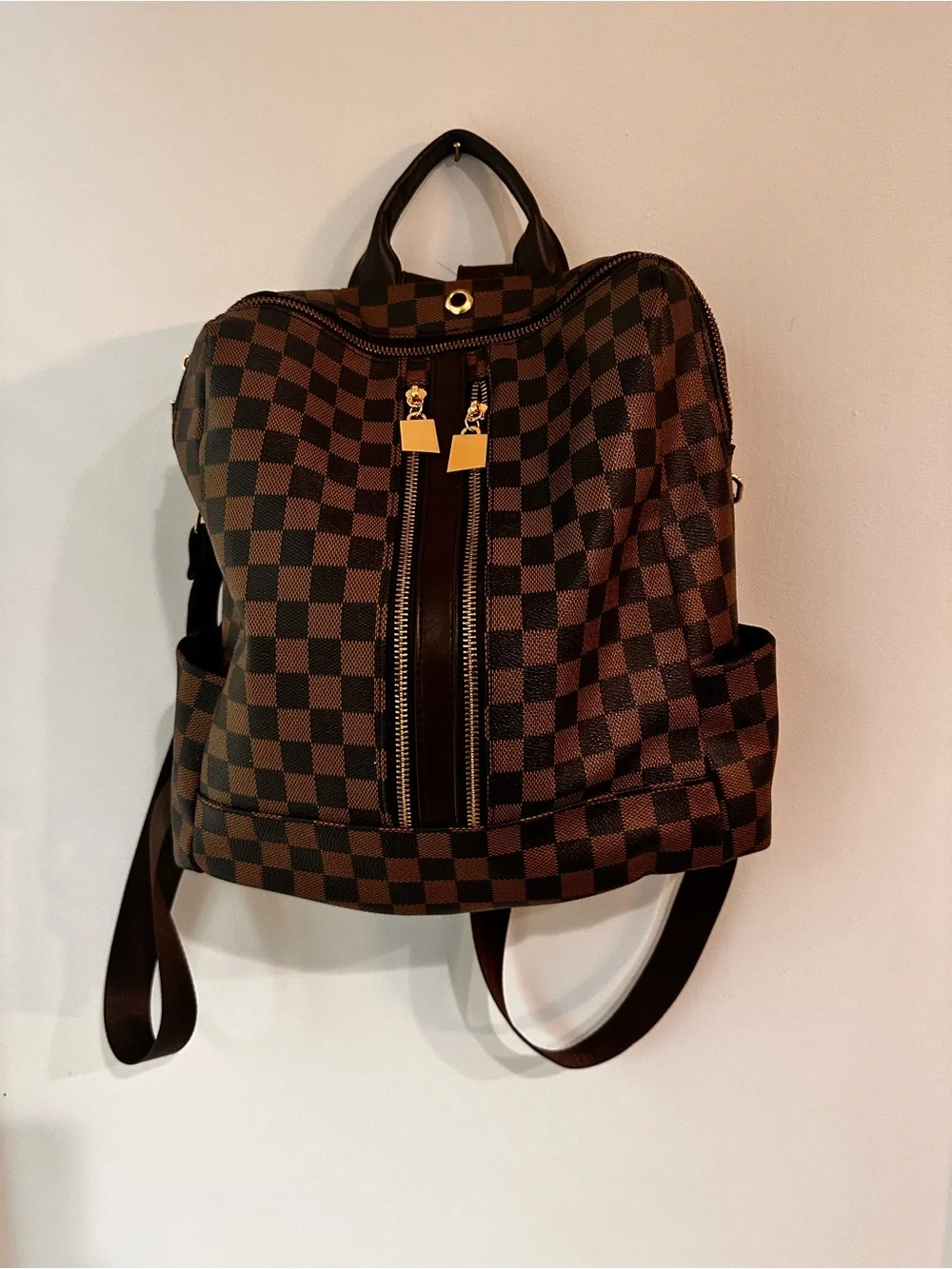 Checkerboard Brown Backpack with Gold Accents